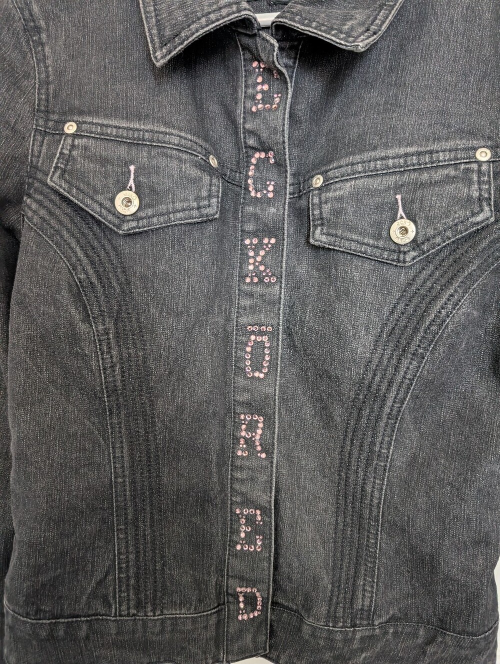 Retro 90s Y2K Black Studded Ecko Red Denim Jacket - Women Jeans Style